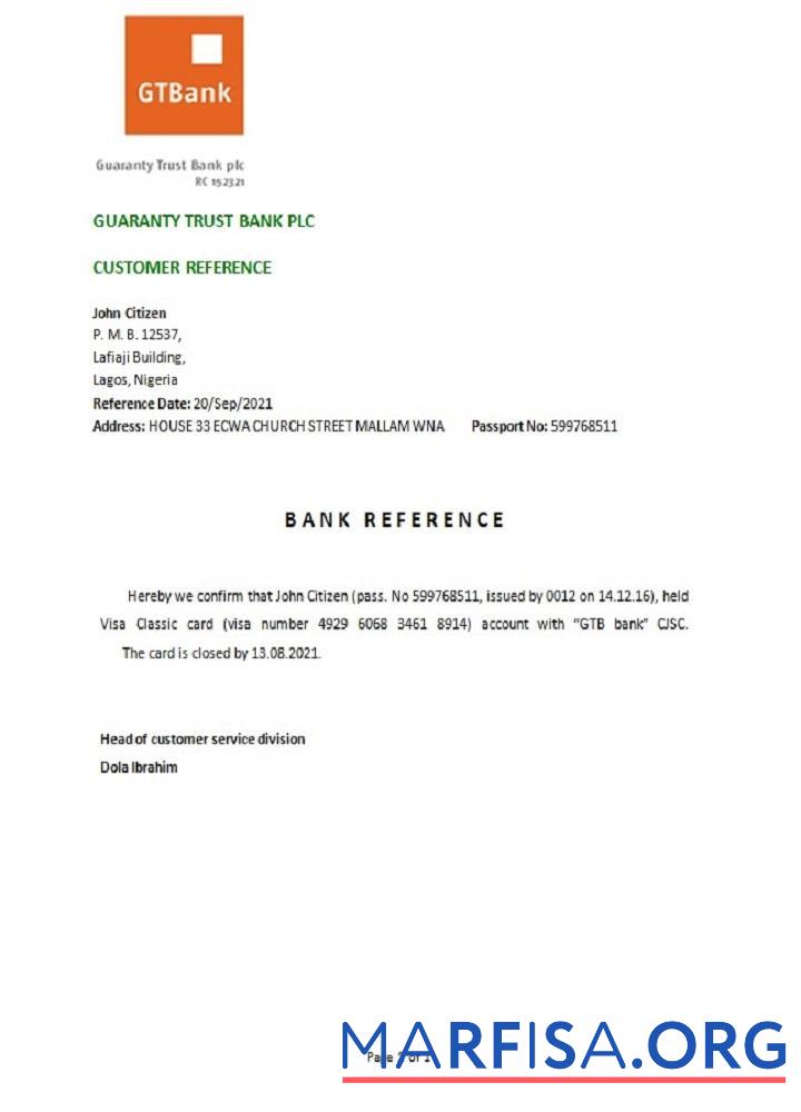 Blank Nigeria GTBank closure reference example